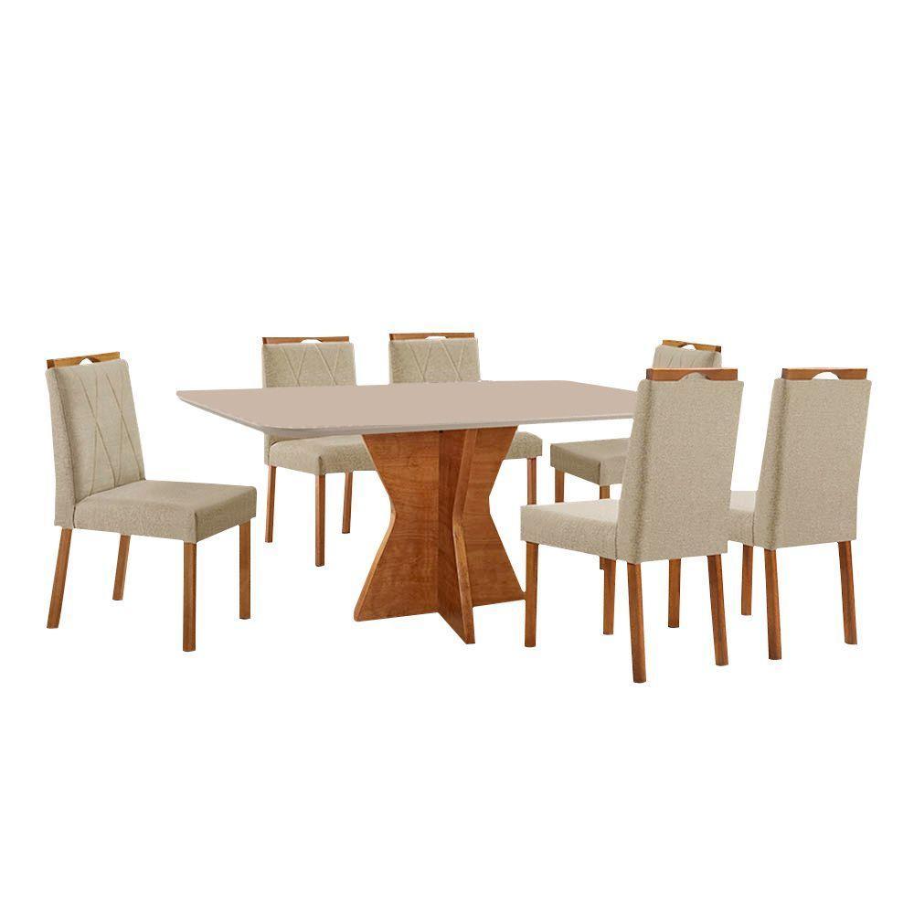 Conjunto Sala De Jantar Mesa Madri 160x90cm Tampo Retângular Vidro Off White Com 6 Cadeiras Bela Linho Bege - 1