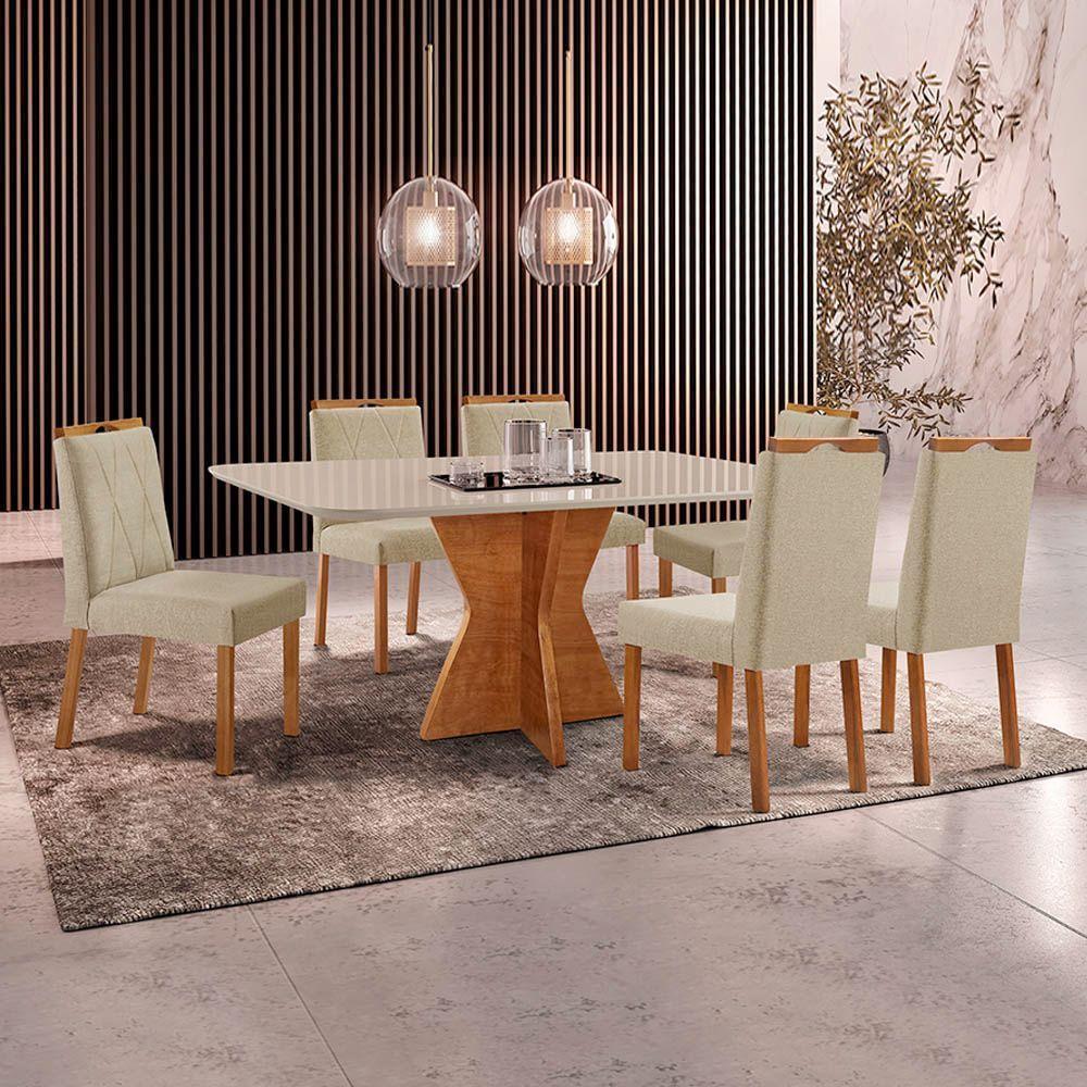 Conjunto Sala De Jantar Mesa Madri 160x90cm Tampo Retângular Vidro Off White Com 6 Cadeiras Bela Linho Bege - 2