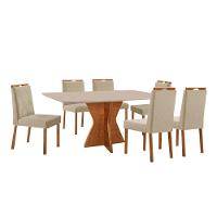 Conjunto Sala De Jantar Mesa Madri 160x90cm Tampo Retângular Vidro Off White Com 6 Cadeiras Bela Linho Bege - 1