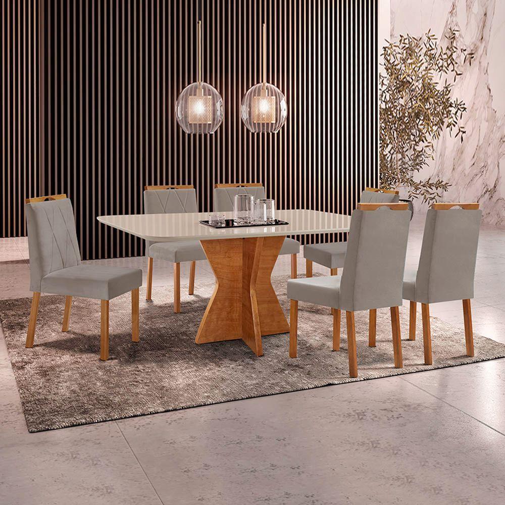 Conjunto Sala De Jantar Mesa Madri 160x90cm Tampo Retângular Vidro Off White Com 6 Cadeiras Bela Veludo Cinza - 2