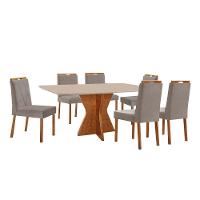 Conjunto Sala De Jantar Mesa Madri 160x90cm Tampo Retângular Vidro Off White Com 6 Cadeiras Bela Veludo Cinza - 1