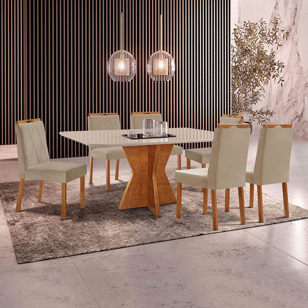 Conjunto Sala De Jantar Mesa Madri 160x90cm Tampo Retângular Vidro Off White Com 6 Cadeiras Bela Veludo Bege - 2