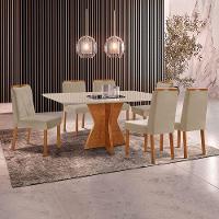 Conjunto Sala De Jantar Mesa Madri 160x90cm Tampo Retângular Vidro Off White Com 6 Cadeiras Bela Veludo Bege - 2