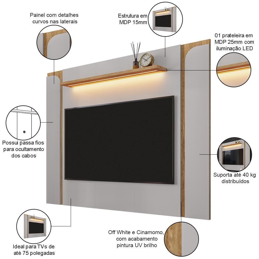 Painel Para Tv 75 Pol Com Led 180cm Maresca B02 Off White Cinamomo - Lyam Decor - 4