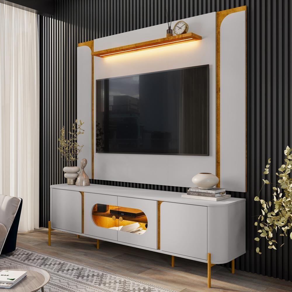 Painel Para Tv 75 Pol Com Led 180cm Maresca B02 Off White Naturalle - Lyam Decor - 2