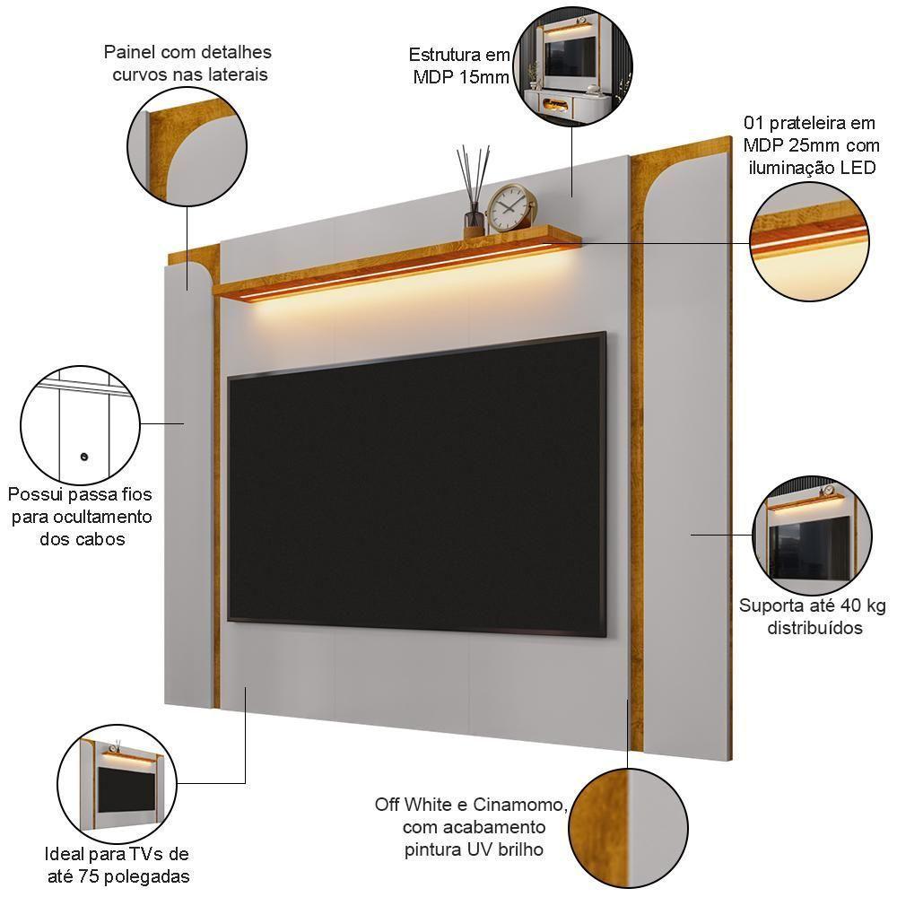 Painel Para Tv 75 Pol Com Led 180cm Maresca B02 Off White Naturalle - Lyam Decor - 4