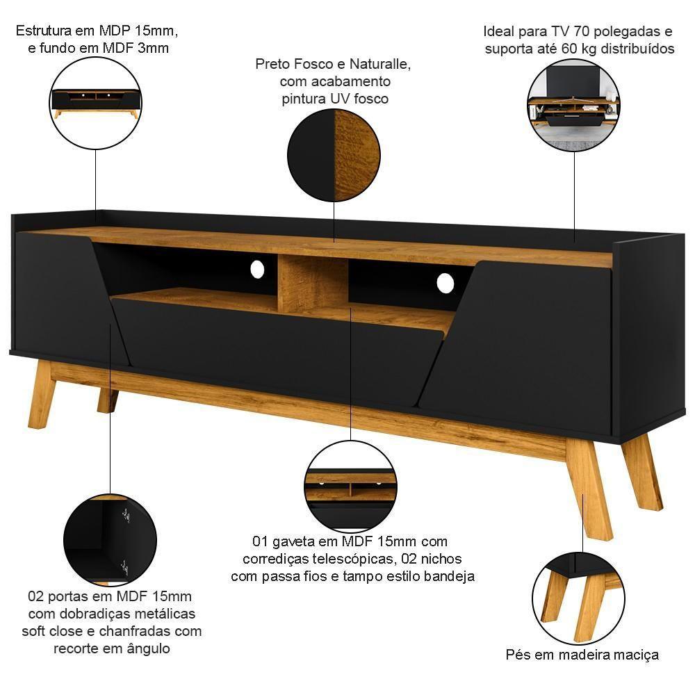 Rack Para Sala De Estar Tv 70 Pol 180cm Morello B02 Preto Fosco Naturalle - Lyam Decor - 4