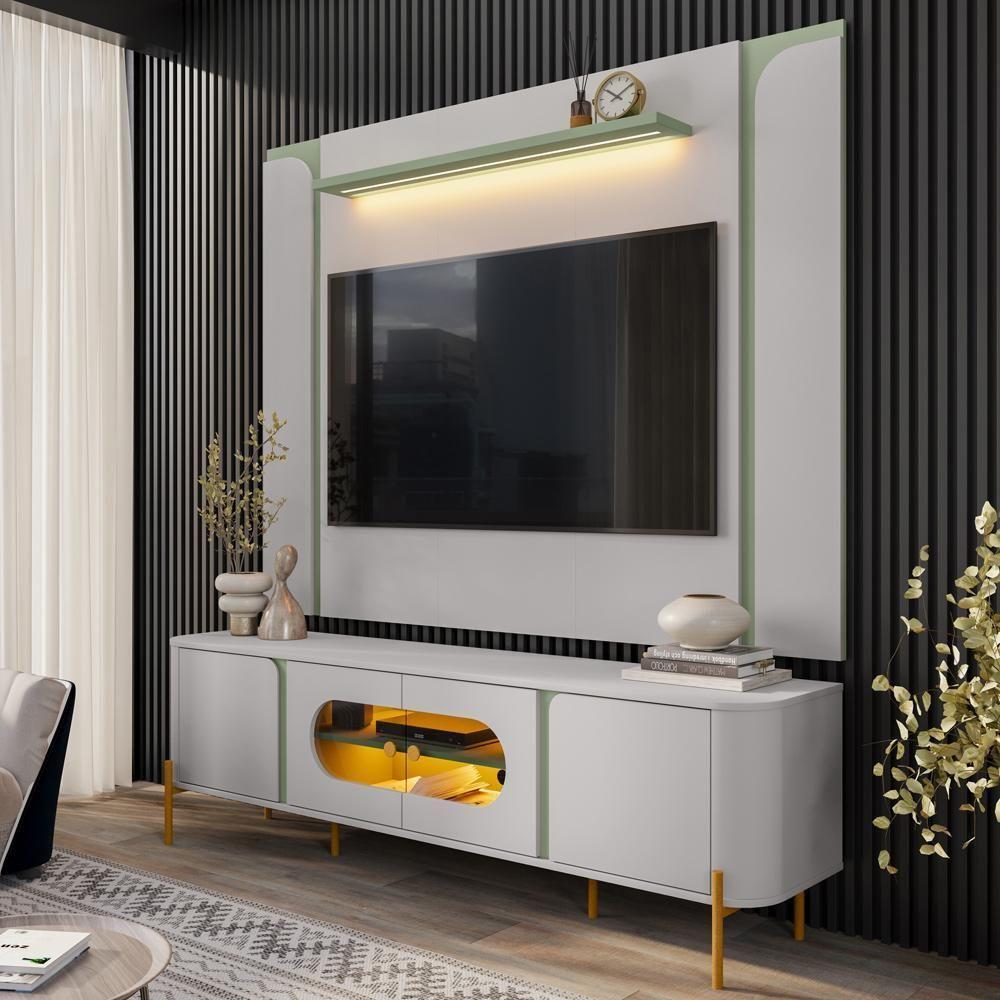 Rack Para Sala Orgânico Suy Com Painel Para Tv 75 Pol Maresca B02 Off White Pistache - Lyam Decor - 2