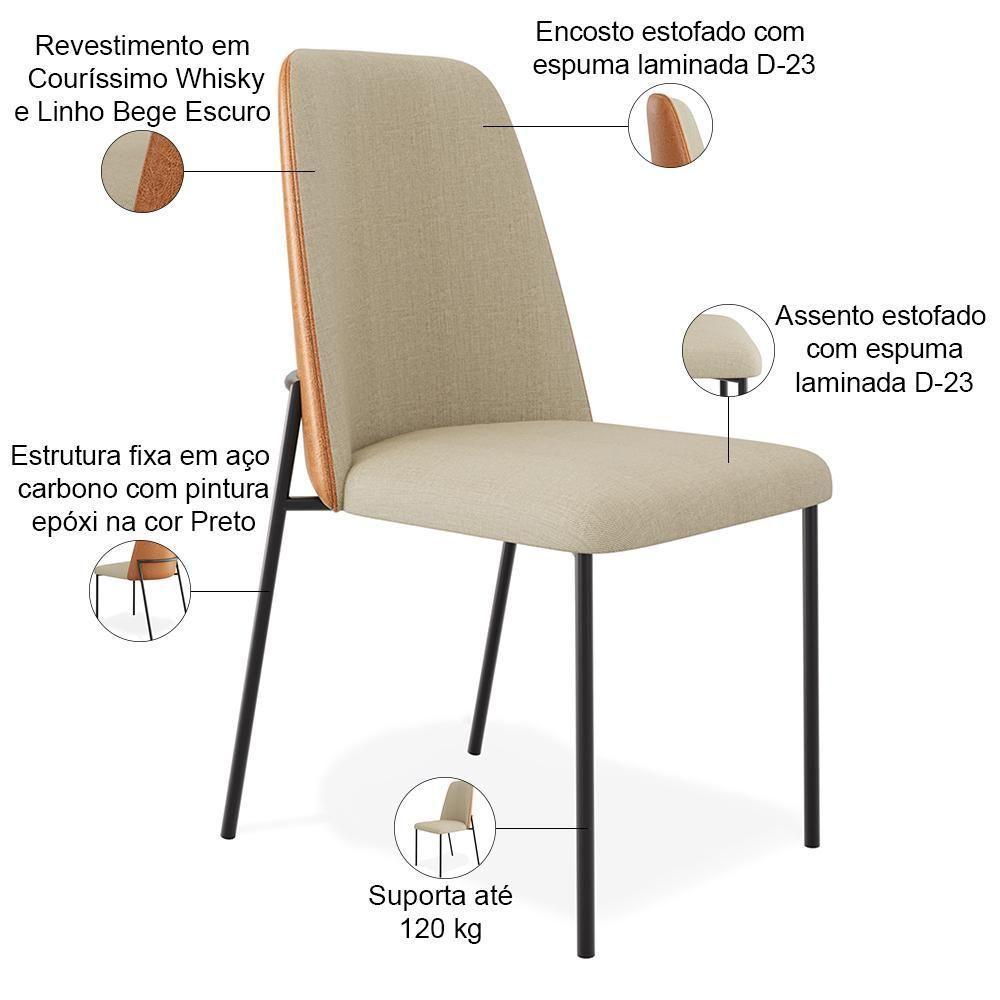 Kit 04 Cadeiras Decorativa Estofada Sala De Jantar Bella L02 Couríssimo Whisky Linho Bege - Lyam Decor - 4