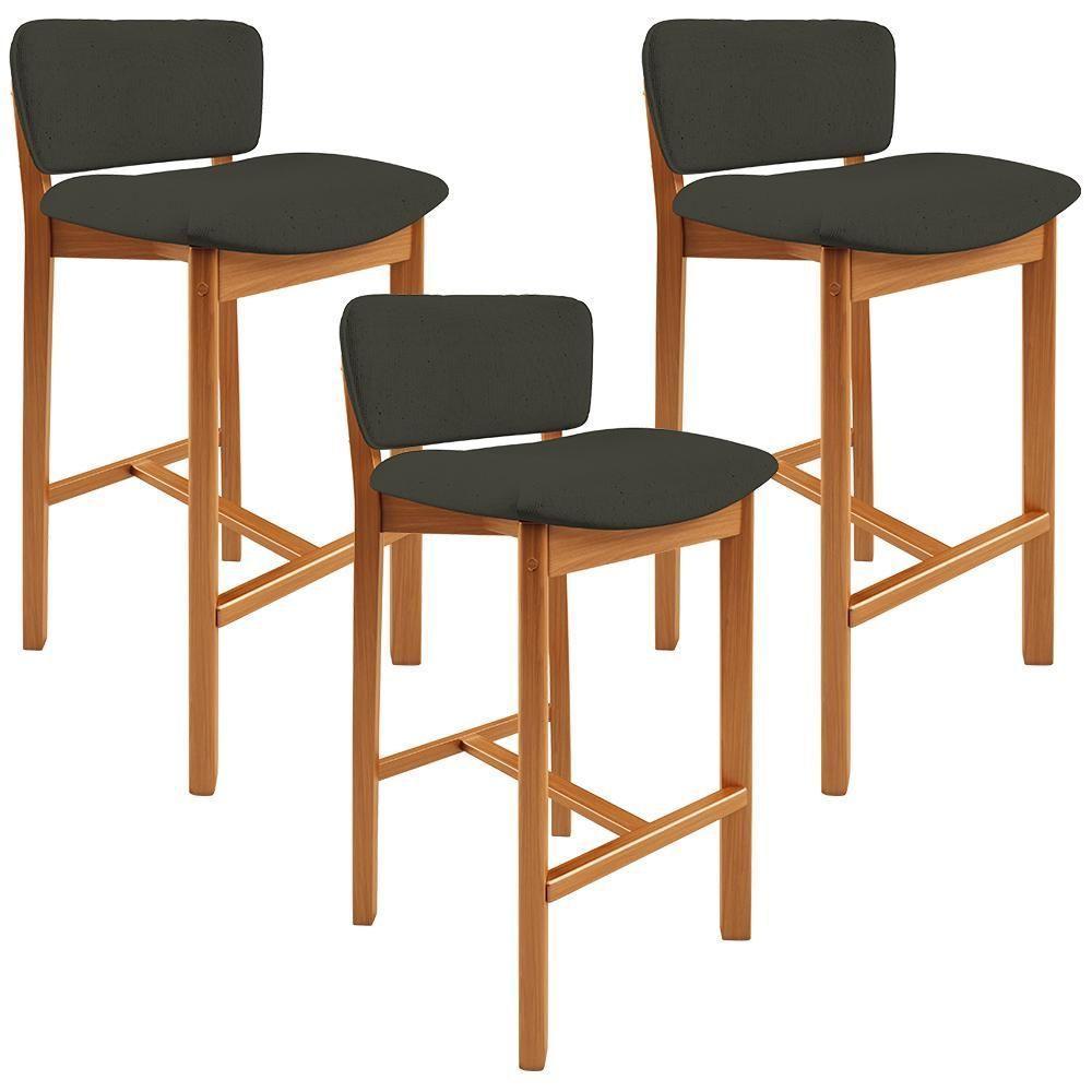 Kit 03 Banquetas Alta Para Cozinha Sala De Jantar Bar Dara L02 Linho Verde Musgo - Lyam Decor - 1