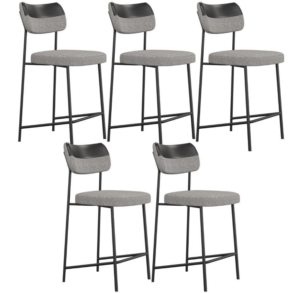 Kit 05 Banquetas Baixa Bar Cozinha Sala Jantar Preto Melina L02 Couríssimo Preto Linho Cinza - Lyam Decor - 1