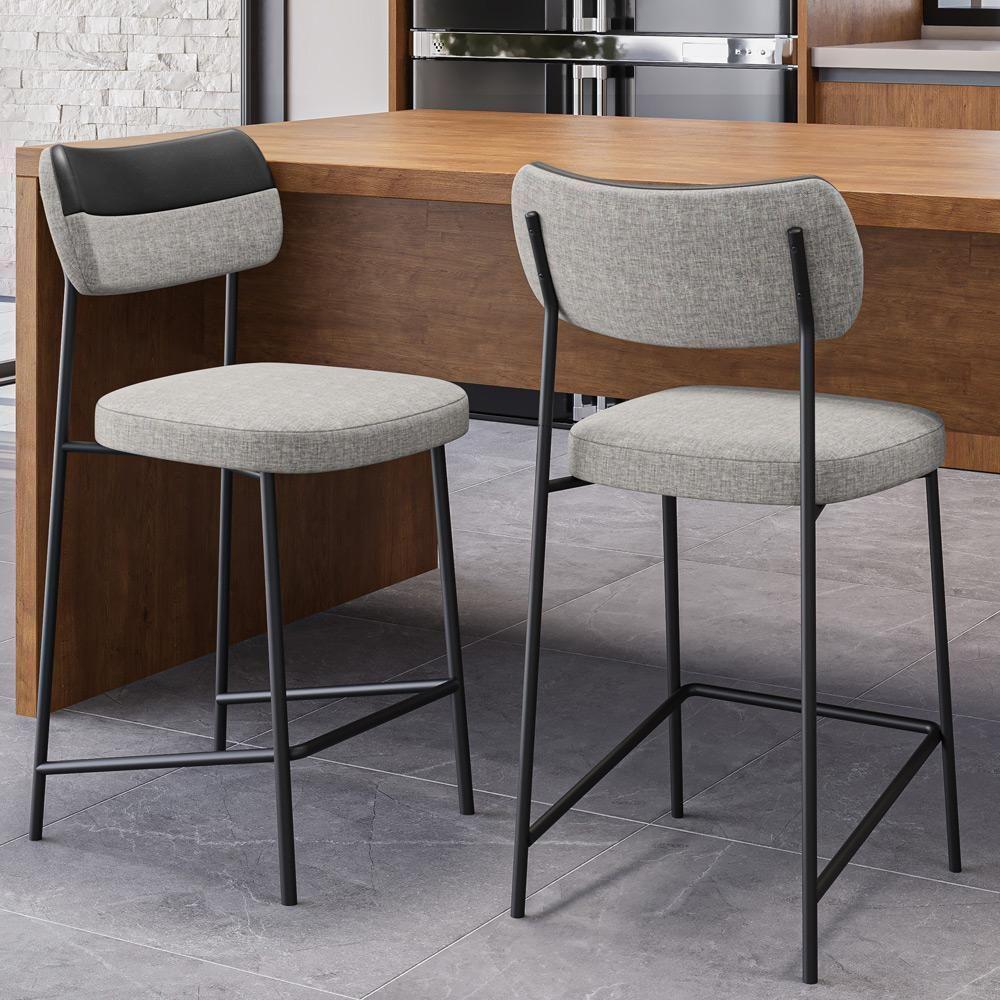 Kit 05 Banquetas Baixa Bar Cozinha Sala Jantar Preto Melina L02 Couríssimo Preto Linho Cinza - Lyam Decor - 2