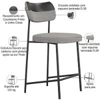 Kit 05 Banquetas Baixa Bar Cozinha Sala Jantar Preto Melina L02 Couríssimo Preto Linho Cinza - Lyam Decor