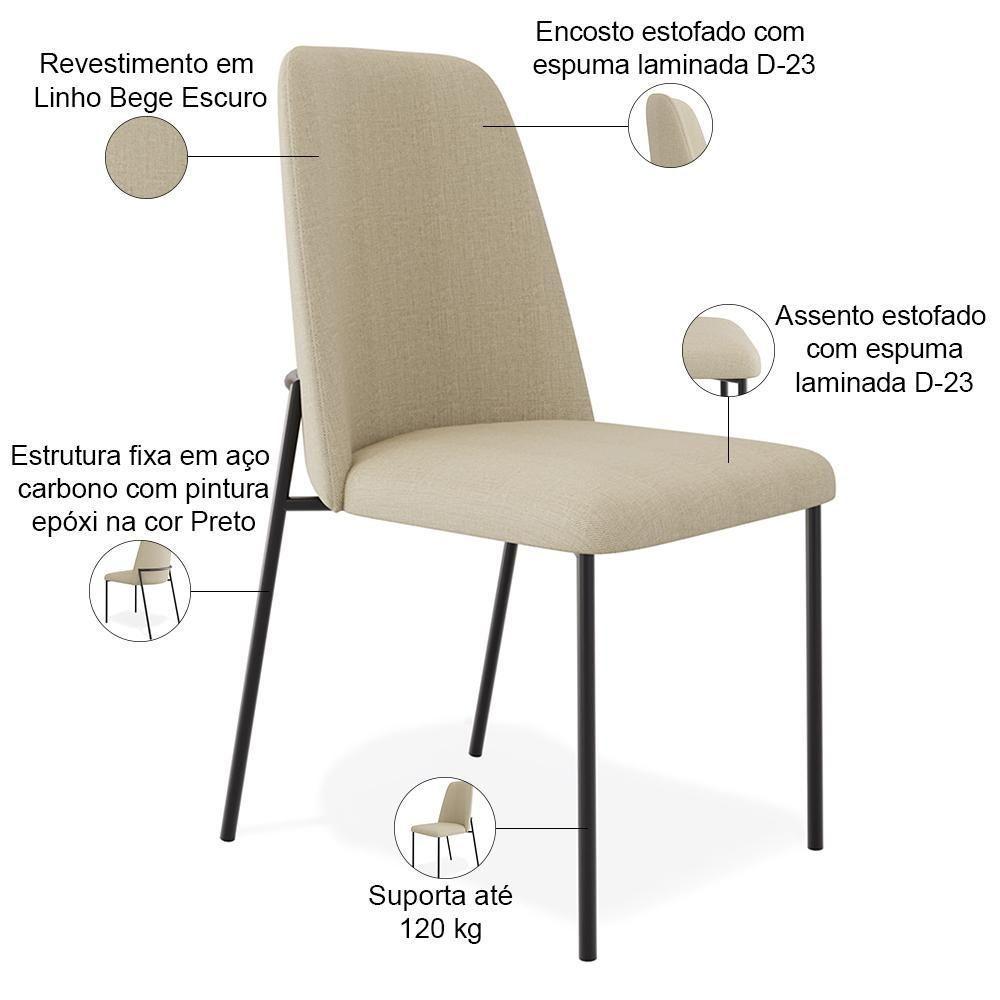 Kit 03 Cadeiras Decorativa Estofada Para Sala De Jantar Bella L02 Linho Bege Escuro - Lyam Decor - 4