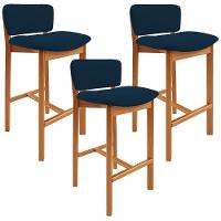 Kit 03 Banquetas Alta Para Cozinha Sala De Jantar Bar Dara L02 Suede Azul Marinho - Lyam Decor - 1