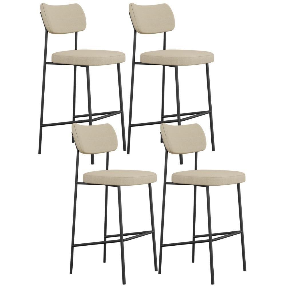 Kit 04 Banquetas Alta Bar Cozinha Sala De Jantar Preto Melina L02 Linho Bege Escuro - Lyam Decor - 1