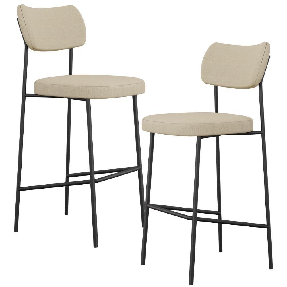Kit 02 Banquetas Alta Bar Cozinha Sala De Jantar Preto Melina L02 Linho Bege Escuro - Lyam Decor - 1