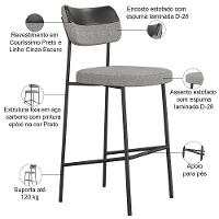 Kit 03 Banquetas Alta Bar Cozinha Sala Jantar Preto Melina L02 Couríssimo Preto Linho Cinza - Lyam Decor