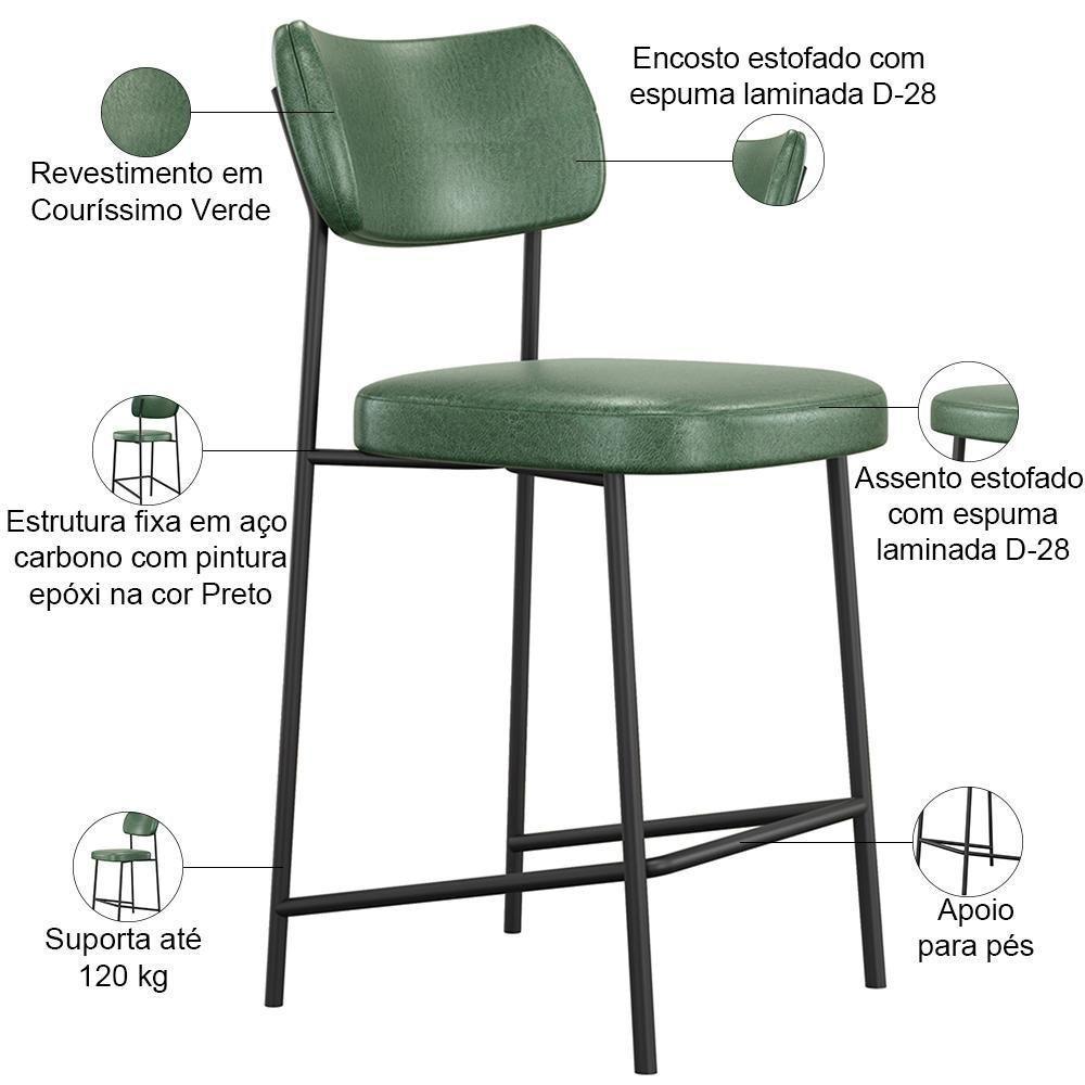 Kit 06 Banquetas Baixa Bar Cozinha Sala De Jantar Preto Melina L02 Couríssimo Verde - Lyam Decor - 4