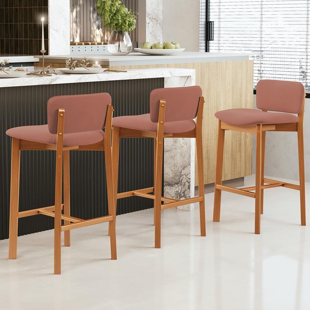 Kit 03 Banquetas Alta Para Cozinha Sala De Jantar Bar Dara L02 Suede Rosê - Lyam Decor - 2