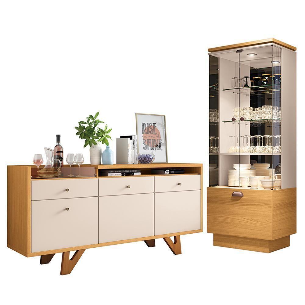 Sala De Jantar Com Cristaleira Aura E Buffet Aparador Sollare Cinamomo-off White - Hb Móveis Cinamomo-off White - 1
