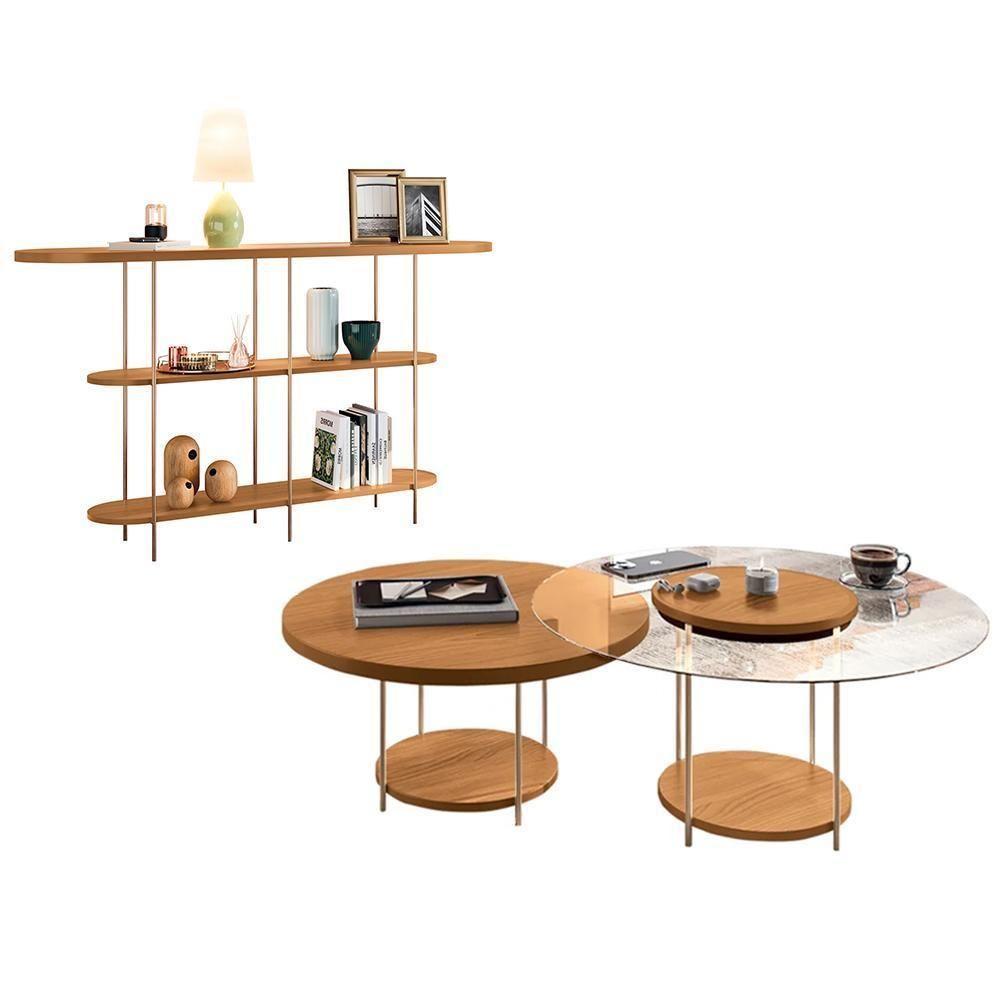 Aparador Infinity E Mesas De Centro Sky Com Tampo De Vidro E Em Mdf Cinamomo - Hb Móveis Cinamomo - 1