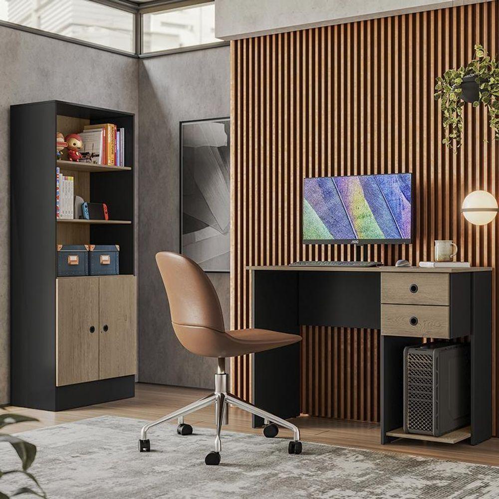 Conjunto Home Office Com Armário 2 Portas E Mesa Escrivaninha Preto-carvalho - Qmovi Preto-carvalho - 4