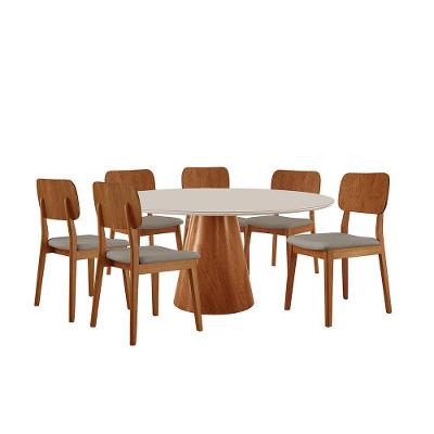 Conjunto Sala De Jantar Mesa Gênova 130cm Tampo Redondo Vidro-mdf Off White Com 6 Cadeiras Valença Linho Cinza