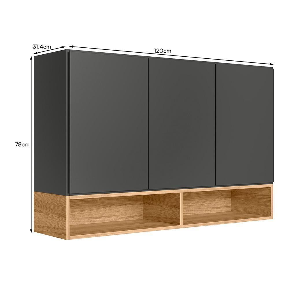 Armário Aéreo Acácia Touch 120cm 3 Portas Chumbo-freijó Com Nichos - Nicioli Chumbo-freijó - 2