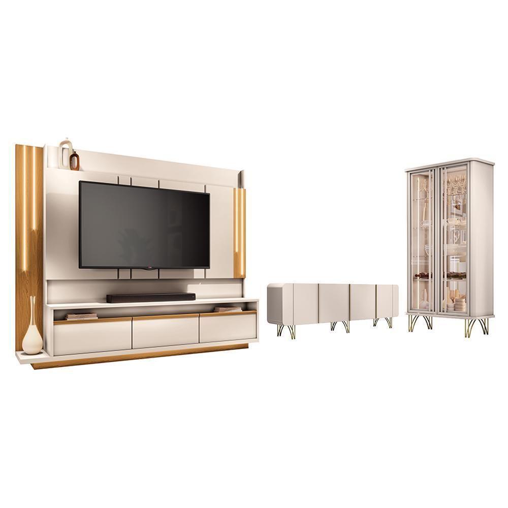 Sala De Estar Estante Home Montane, Cristaleira évora E Buffet Saluti Off White - Hb Móveis Off White - 1