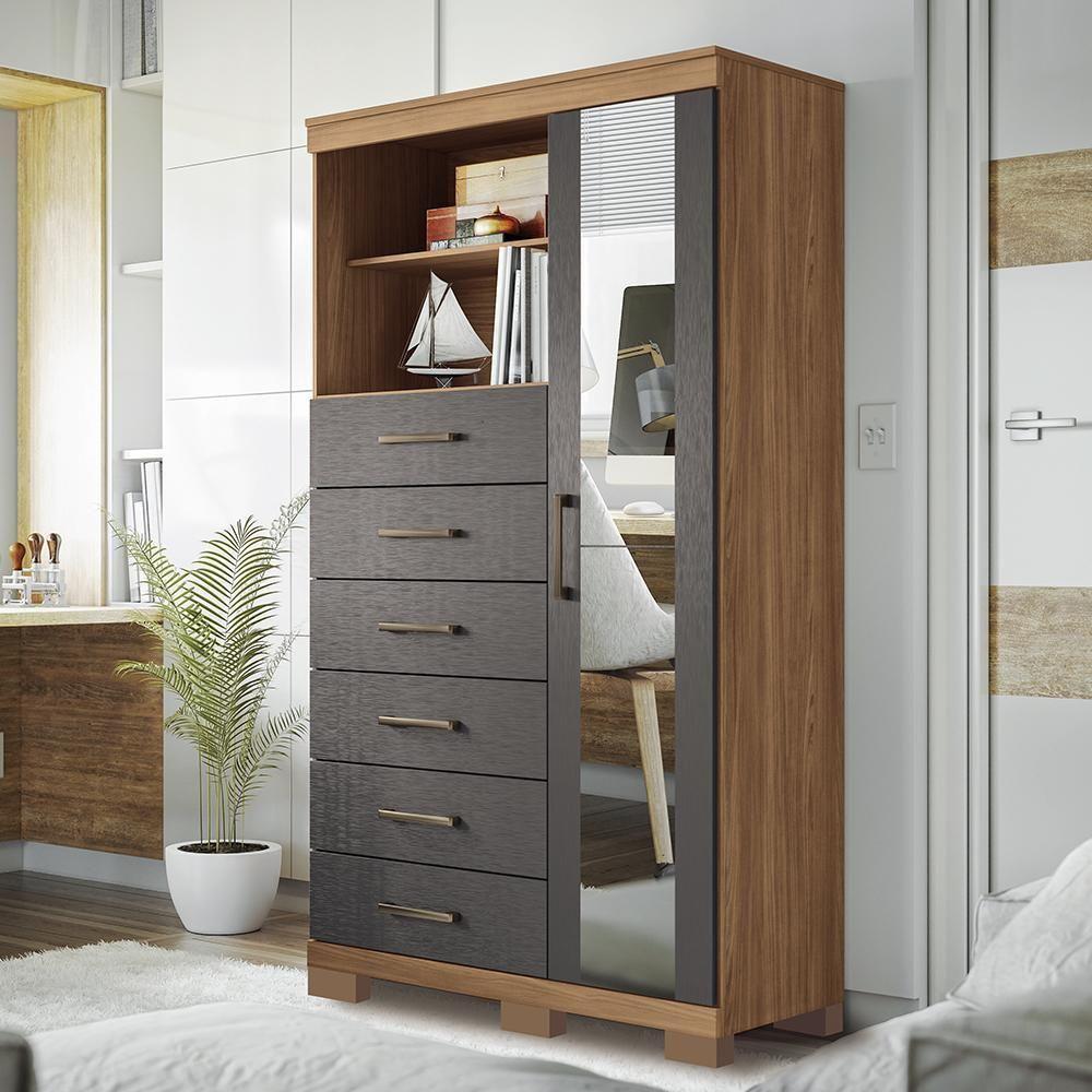 Multi-cômoda Marabá 1.6 1 Porta 6 Gavetas Jatobá-grafite Com Pés E Espelho - Santos Andirá Jatobá-grafite - 2