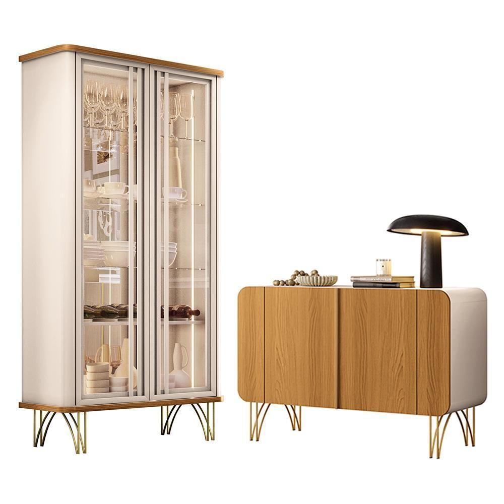 Sala De Jantar Com Cristaleira évora E Balcão Buffet Bevenuto Off White-cinamomo - Hb Móveis Off White-cinamomo - 1