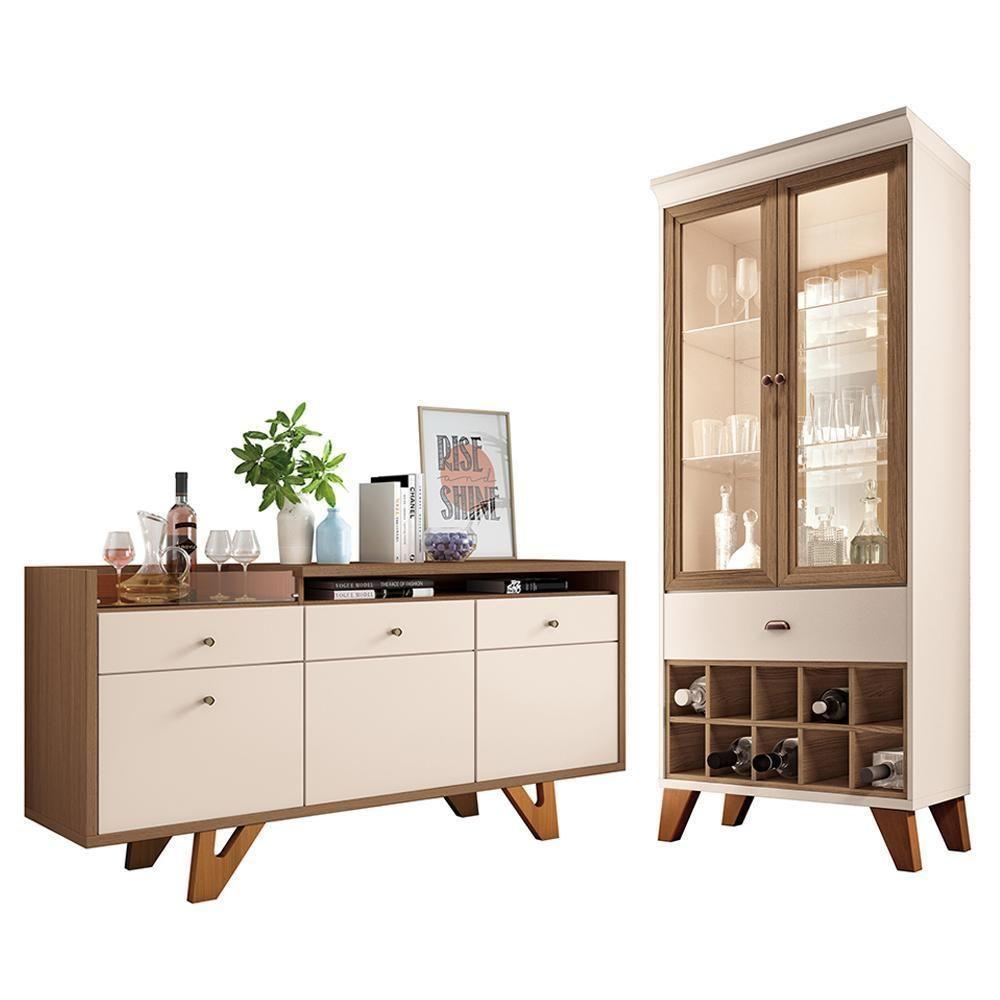 Sala De Jantar Com Cristaleira ópera E Buffet Aparador Sollare Off White-castanho - Hb Móveis Off White-castanho - 1
