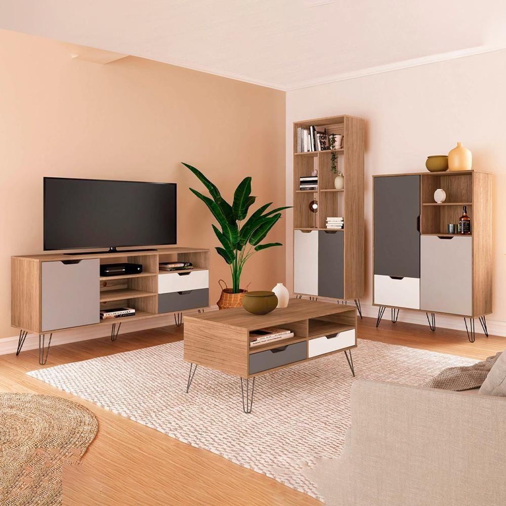 Conjunto Para Sala Rack Tv 60 Pol Carvalho Branco Grafite Prata Arly - 2