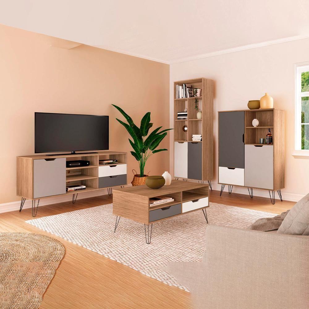 Conjunto Para Sala Rack Tv 60 Pol Carvalho Branco Grafite Prata Arly - 10