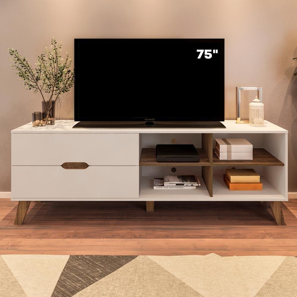 Rack Bancada Tv 75 Pol Mdf 2 Gavetas Cedro Off White Arly Cedro Off White - 2