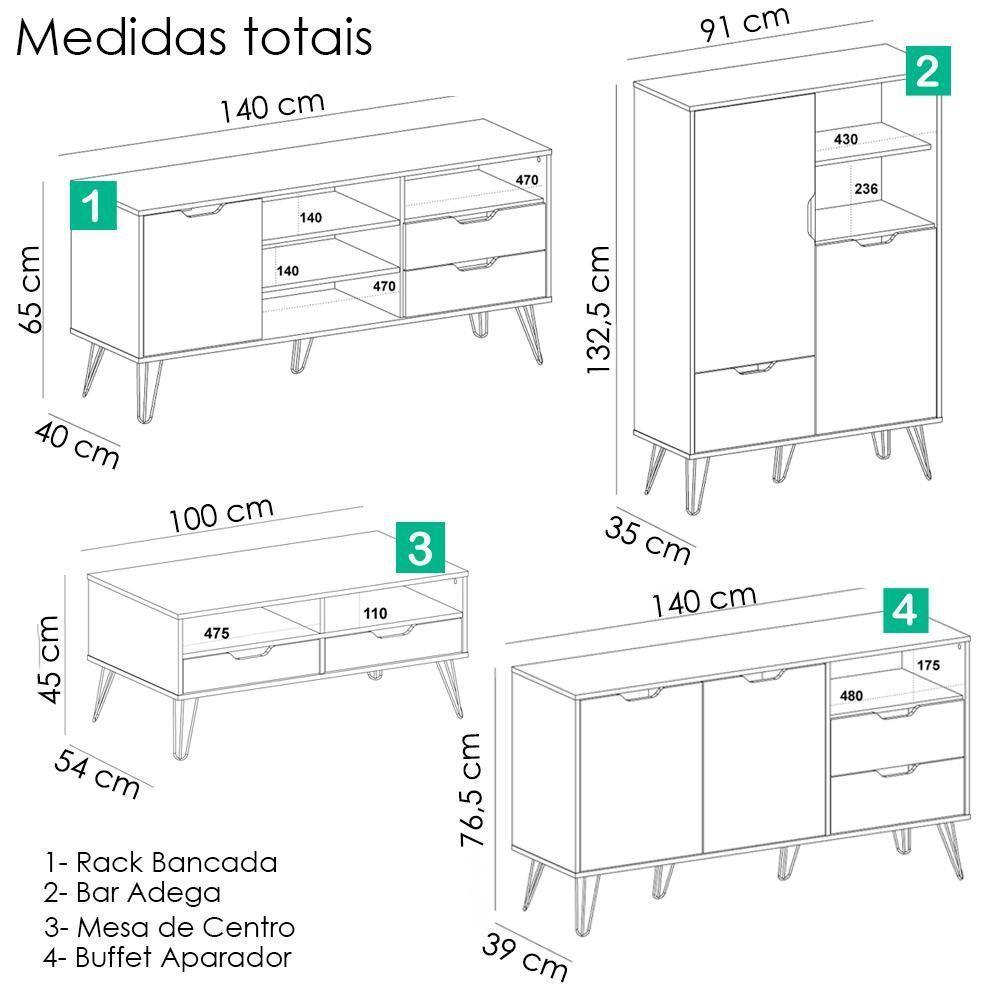 Conjunto Sala Estar Rack Tv 60 Pol Carvalho Branco Grafite Prata Arly Carvalho Branco - 3