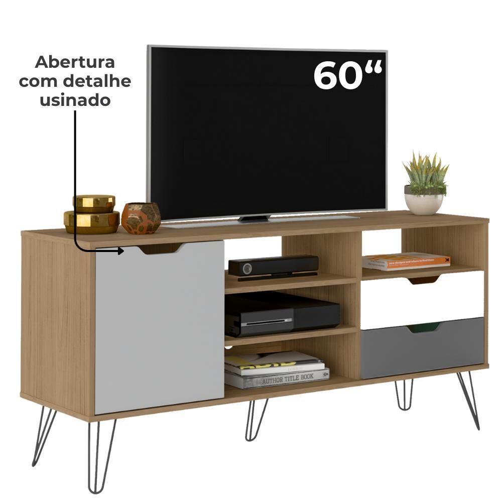Conjunto Sala Estar Rack Tv 60 Pol Carvalho Branco Grafite Prata Arly Carvalho Branco - 4