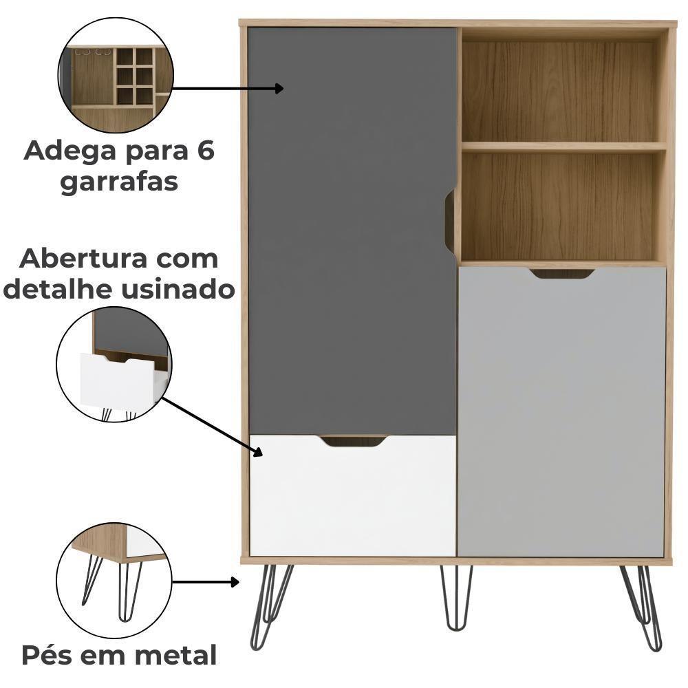 Conjunto Sala Estar Rack Tv 60 Pol Carvalho Branco Grafite Prata Arly Carvalho Branco - 5