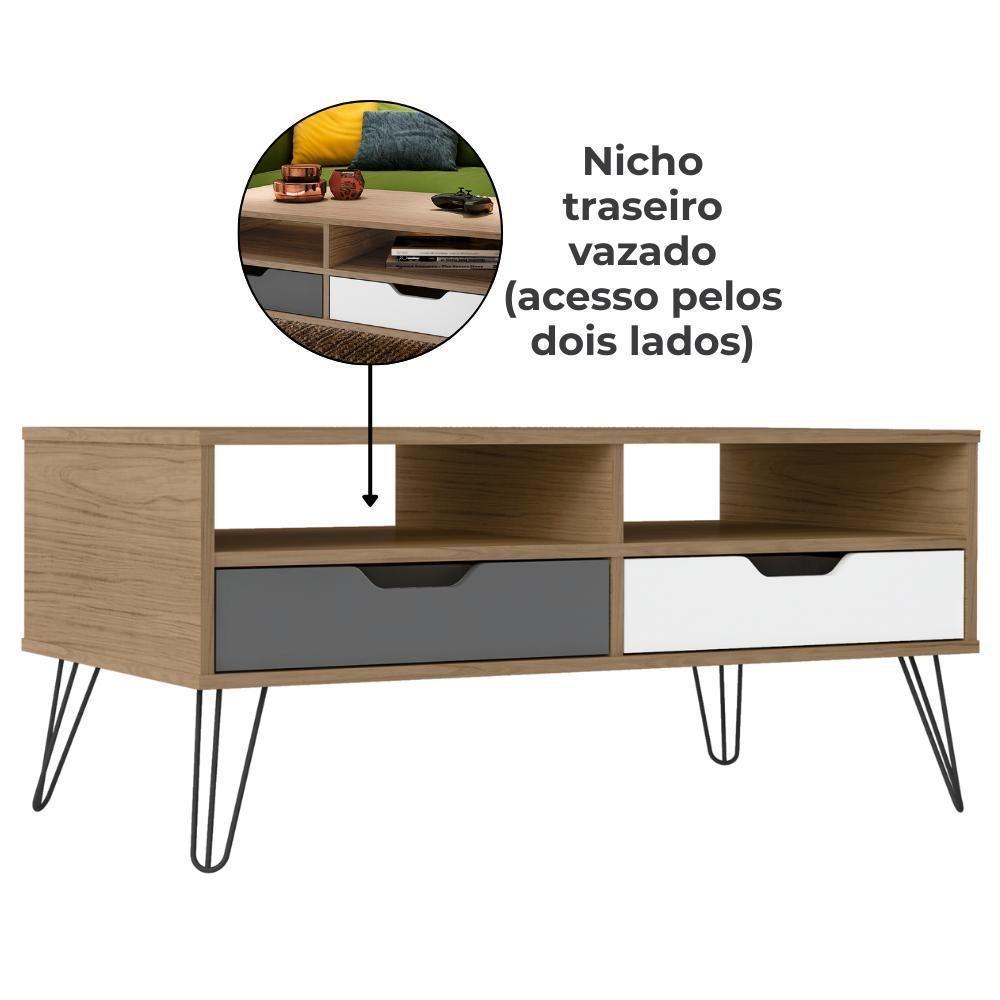 Conjunto Sala Estar Rack Tv 60 Pol Carvalho Branco Grafite Prata Arly Carvalho Branco - 7