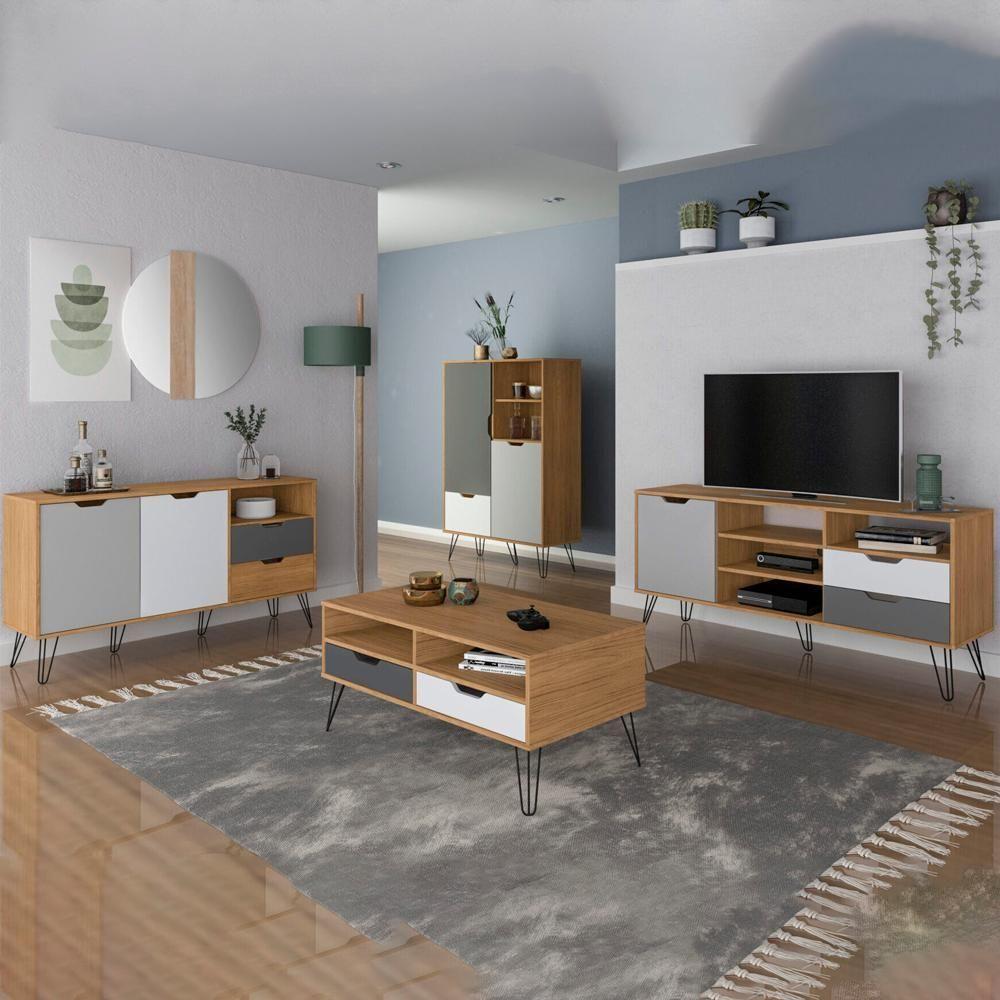 Conjunto Sala Estar Rack Tv 60 Pol Carvalho Branco Grafite Prata Arly Carvalho Branco - 9