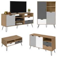 Conjunto Sala Estar Rack Tv 60 Pol Carvalho Branco Grafite Prata Arly Carvalho Branco - 1