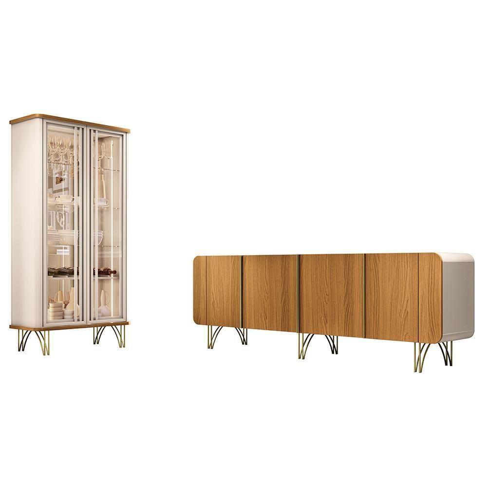 Sala De Jantar Com Cristaleira évora E Balcão Buffet Saluti Off White-cinamomo - Hb Móveis Off White-cinamomo - 1