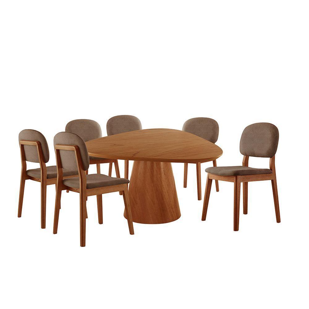 Conjunto Sala De Jantar Mesa Gênova 130cm Tampo Orgânico Laminado Com 6 Cadeiras évora Courino Marrom - 1