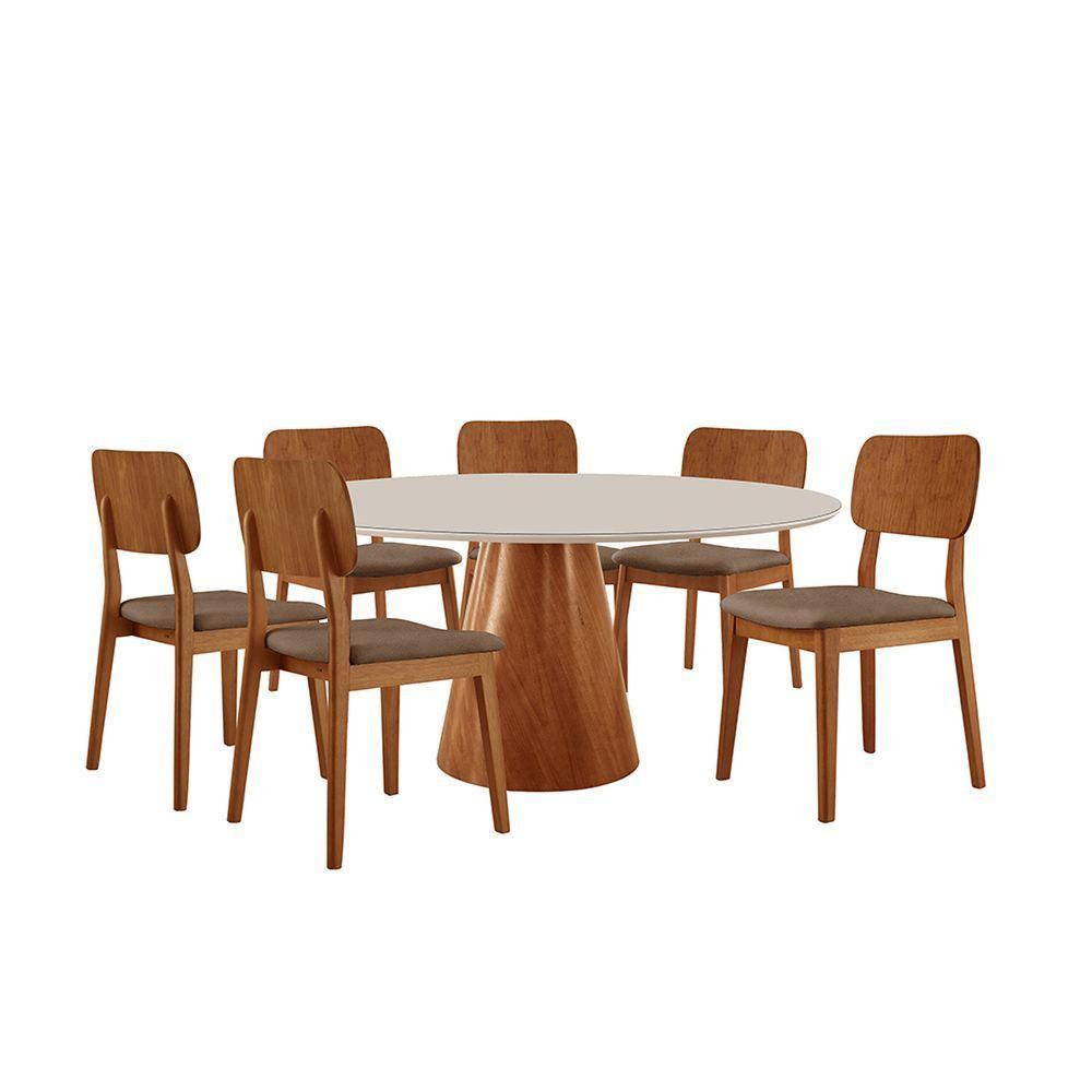 Conjunto Sala De Jantar Mesa Gênova 130cm Tampo Redondo Vidro-mdf Off White Com 6 Cadeiras Valença Courino Marrom - 1