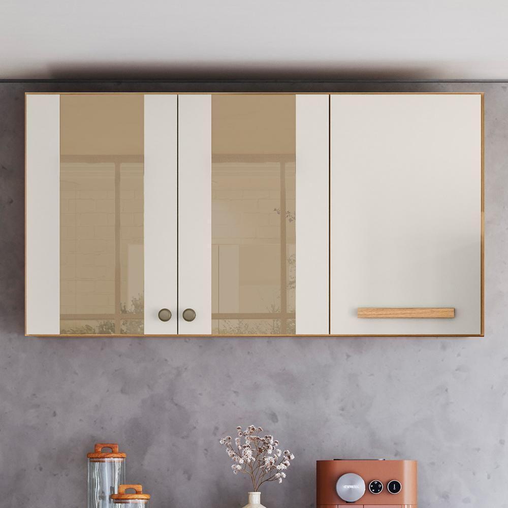 Armário Aéreo Intenza 120cm 3 Portas Freijó-off White Cristal Com Vidro Reflecta - Nicioli Freijó-off White Cristal - 2