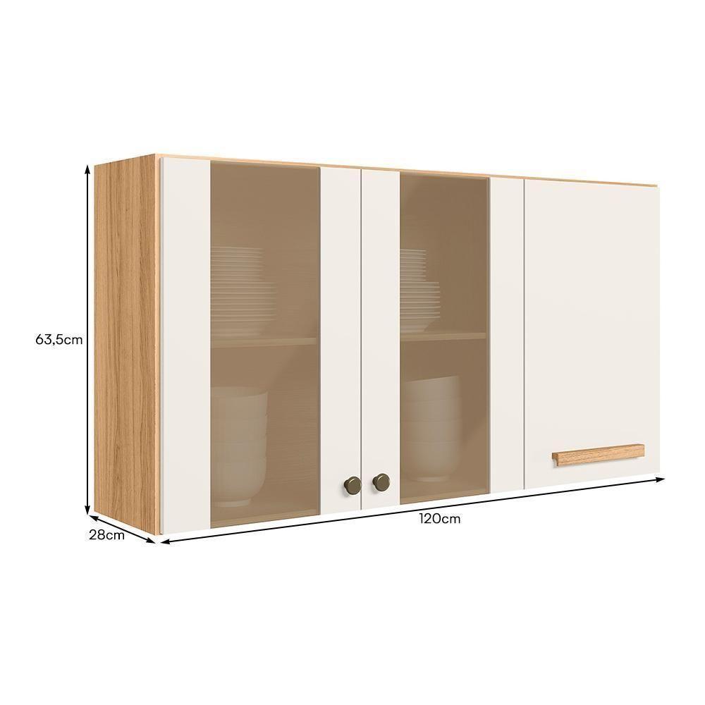 Armário Aéreo Intenza 120cm 3 Portas Freijó-off White Cristal Com Vidro Reflecta - Nicioli Freijó-off White Cristal - 4