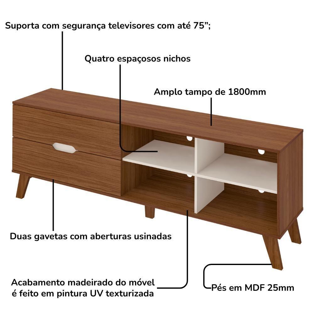 Rack Bancada Tv 75 Pol Mdf 2 Gavetas Arly Off White Pinho Off White Pinho - 5