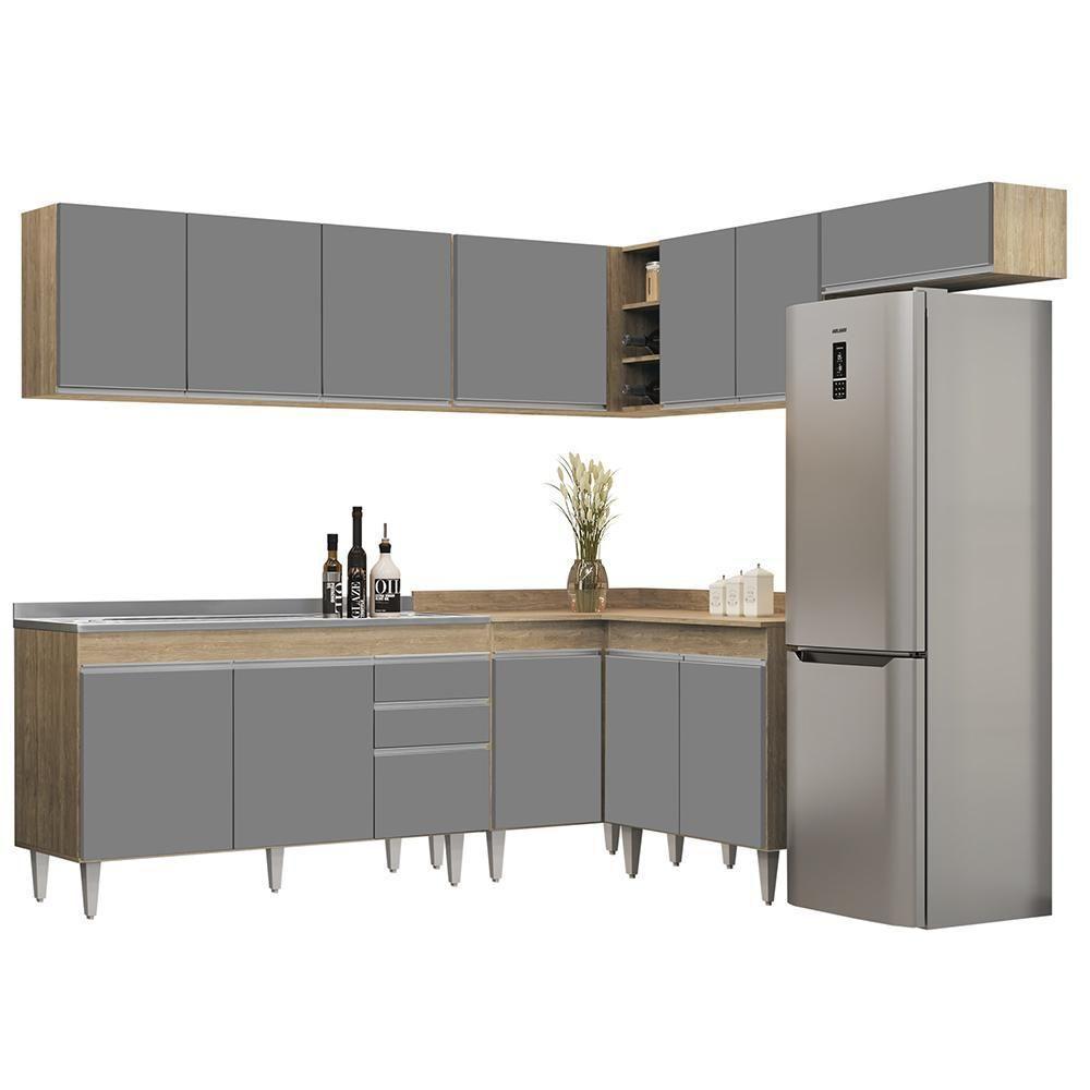 Armário De Cozinha Modulado De Canto 7 Peças Cp24 Com Pia Inox Castanho/cinza - Lumil - 1