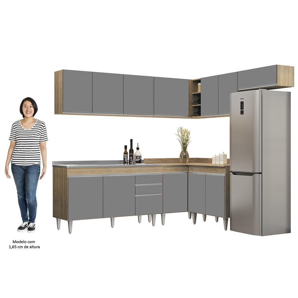 Armário De Cozinha Modulado De Canto 7 Peças Cp24 Com Pia Inox Castanho/cinza - Lumil - 5